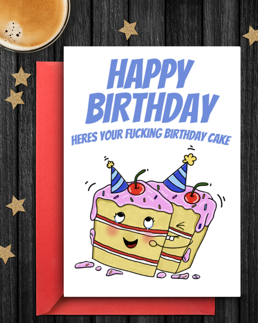 Rude birthday card featuring a humorous and inappropriate cake illustration. colurful cartoon card.
